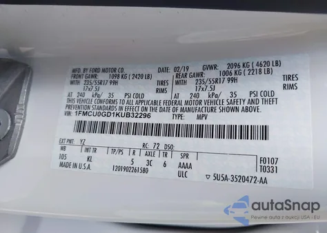 2019 Ford Escape Se из США, поврежденный, VIN 1FMCU0GD1KUB32296